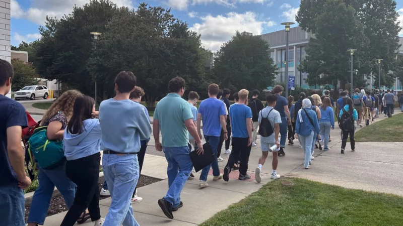 Students walking to rehearsal at CIM when the sit-in protest was planed