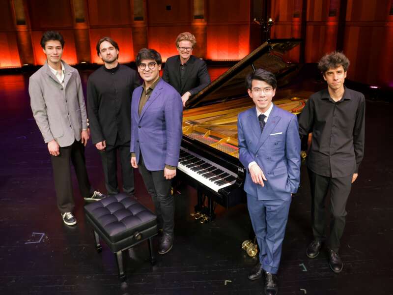 June 1, 2025. The Finalists in the Seventeenth Van Cliburn International Piano Competition were announced. They are (from left), Angel Stanislav Wang, 22, of the United States, Philipp Lynov, 26, of Russia, Evren Ozel, 26, of the United States, Carter Johnson, 28, of Canada/ United States, Aristo Sham, 29, of Hong Kong, China, and Vitaly Skarikov,, 29, of ISrael/Russia Bass Hall in Fort Worth, Texas USA. (Photo by Ralph Lauer)