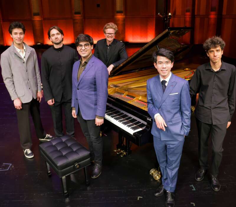 June 1, 2025. The Finalists in the Seventeenth Van Cliburn International Piano Competition were announced. They are (from left), Angel Stanislav Wang, 22, of the United States, Philipp Lynov, 26, of Russia, Evren Ozel, 26, of the United States, Carter Johnson, 28, of Canada/ United States, Aristo Sham, 29, of Hong Kong, China, and Vitaly Skarikov,, 29, of ISrael/Russia Bass Hall in Fort Worth, Texas USA. (Photo by Ralph Lauer)
